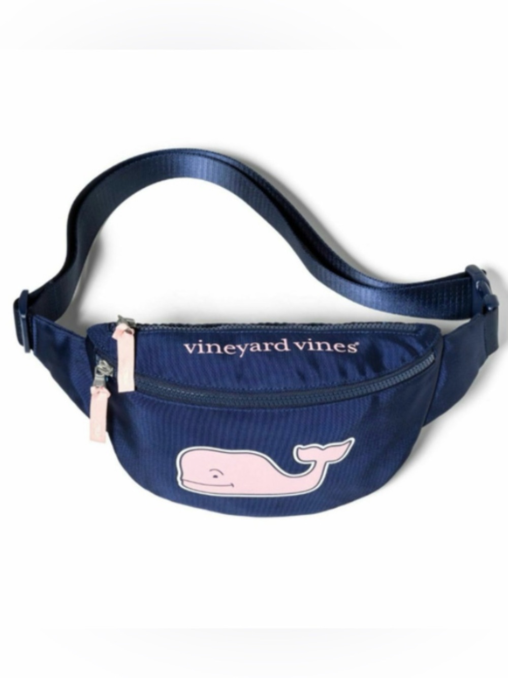 Vineyard Vines Navy Mesh Crossbody Belt Bag with Pink Zipper Pull